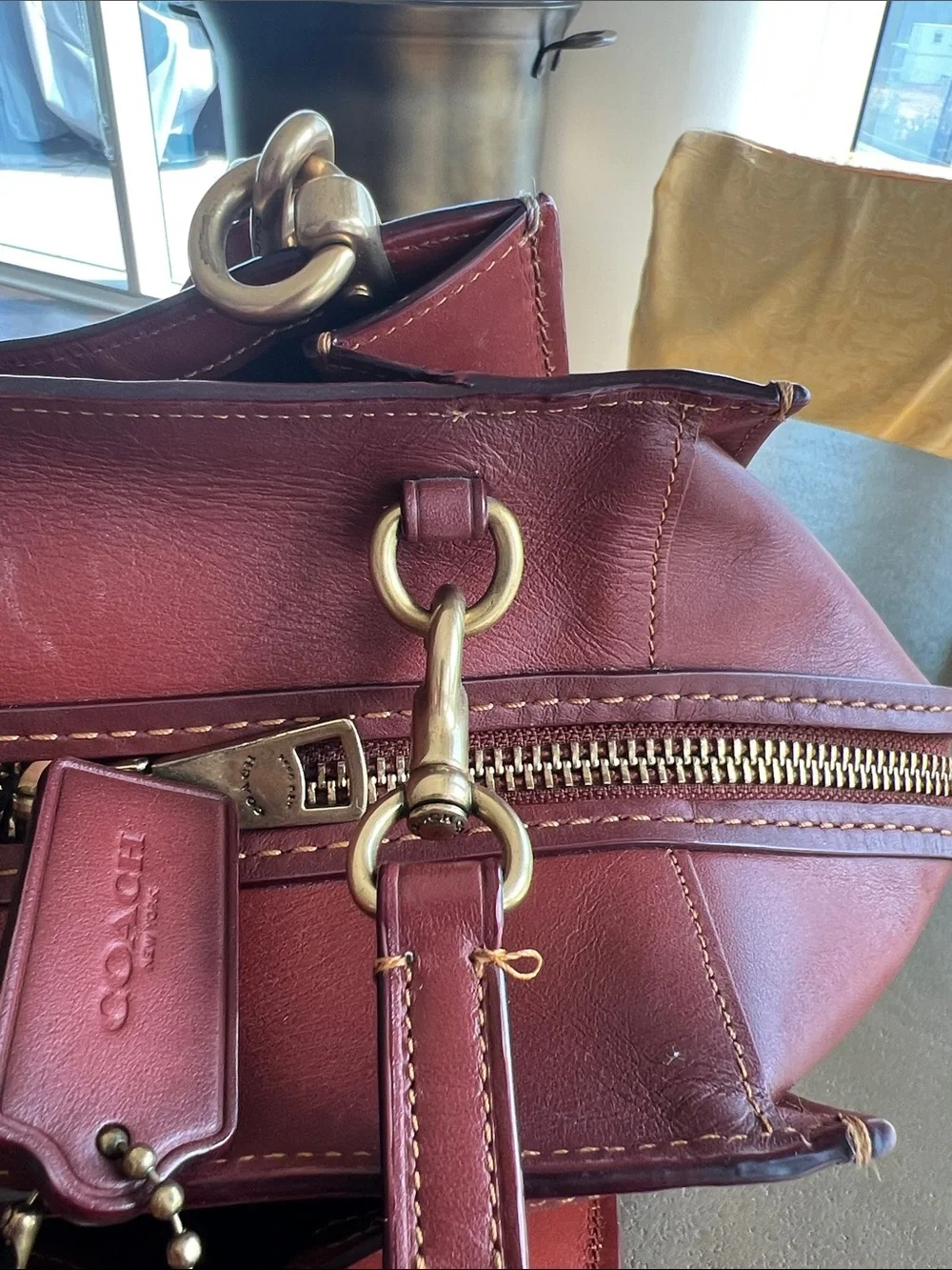 Coach Brown Signature Monogram Satchel with Burgundy Trim
